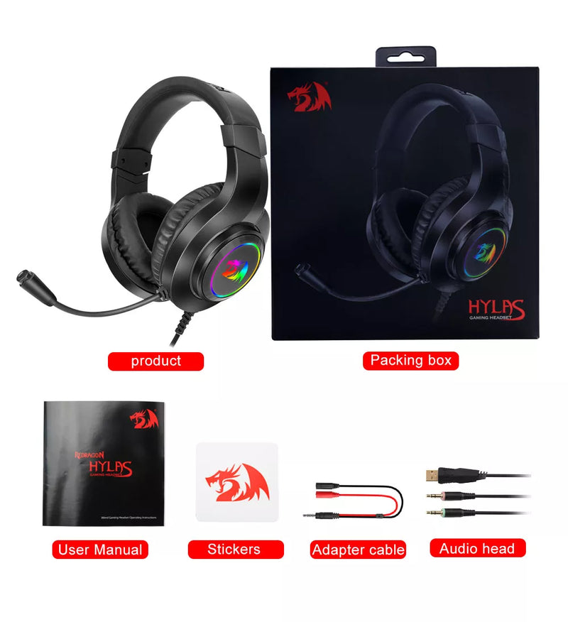 Redragon HYLAS H260 Stereo Gaming Headphones, Fones de Ouvido RGB, Headset com Microfone, PS4, Xbox One, Laptop, PC, Tablet, Gamer, Novo