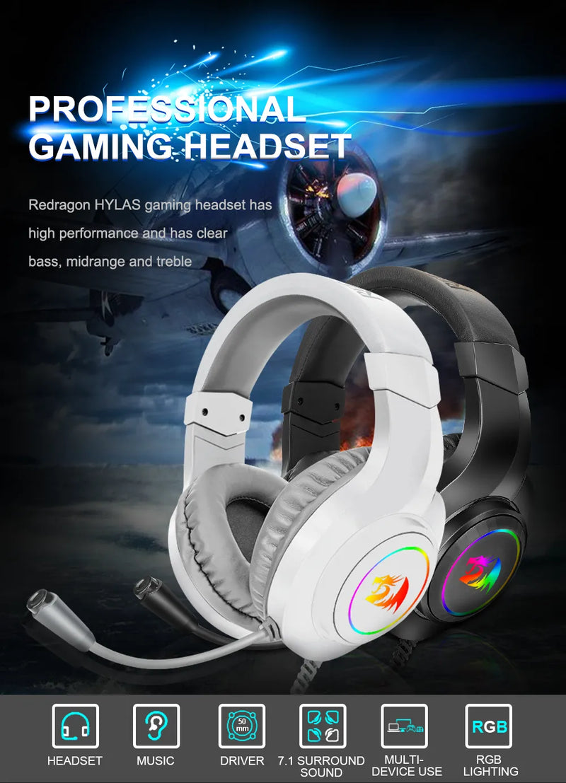 Redragon HYLAS H260 Stereo Gaming Headphones, Fones de Ouvido RGB, Headset com Microfone, PS4, Xbox One, Laptop, PC, Tablet, Gamer, Novo