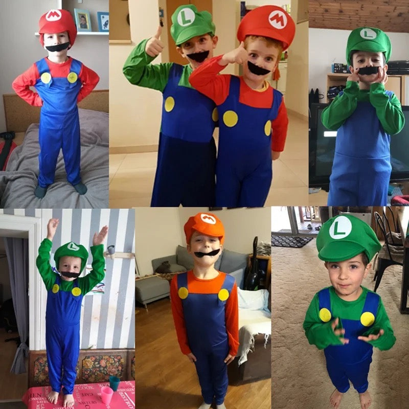 Super Mario Luigi Cosplay Traje para Crianças, Fantasias, Macacão Anime Fantasia para Criança e Irmãos