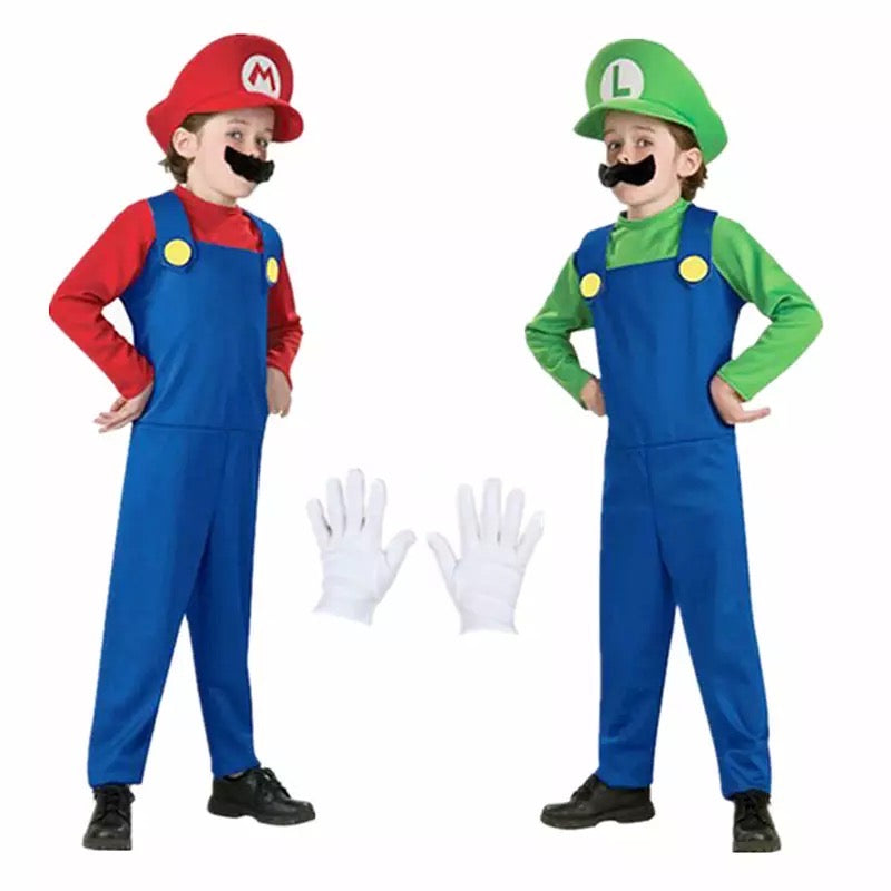 Super Mario Luigi Cosplay Traje para Crianças, Fantasias, Macacão Anime Fantasia para Criança e Irmãos